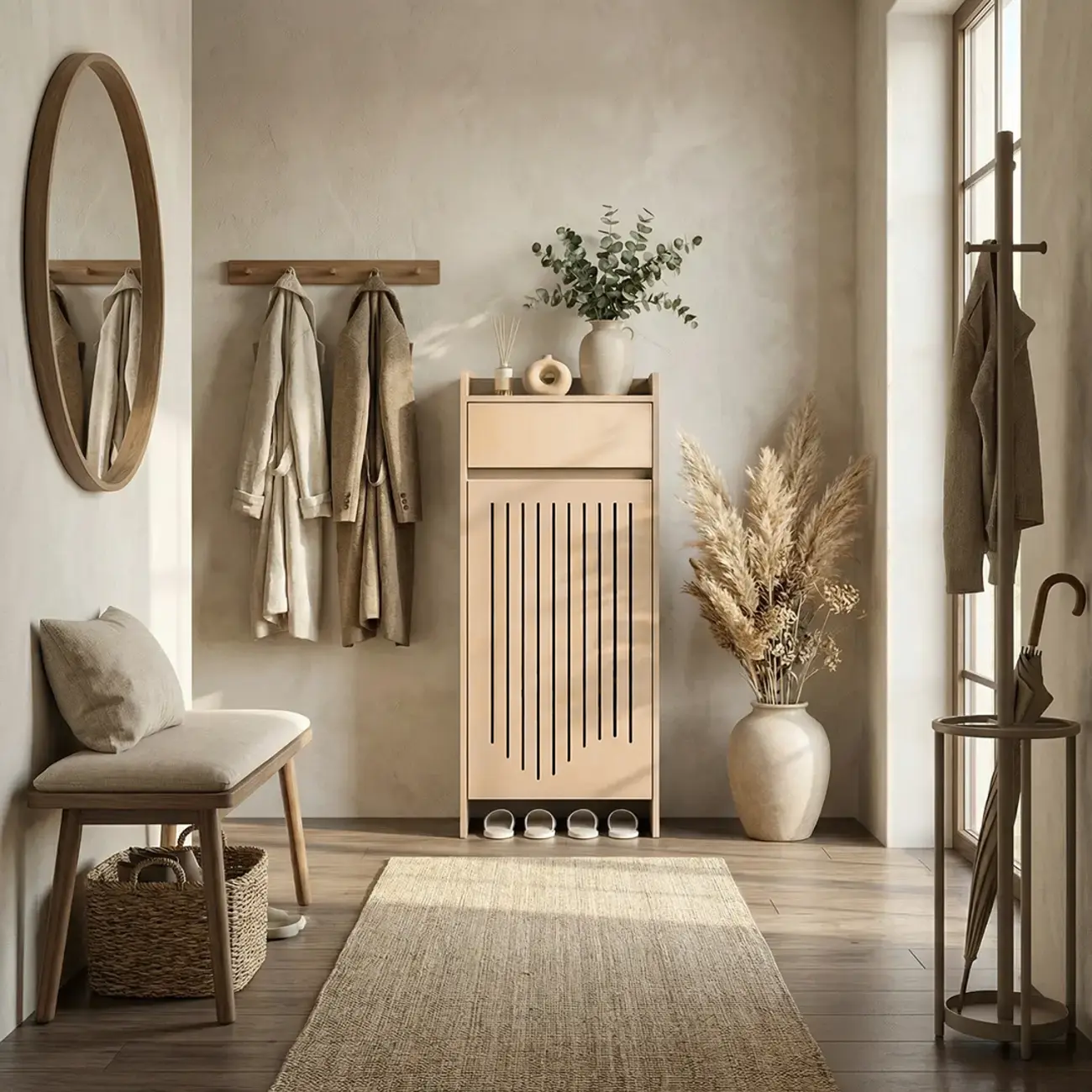 Modern Slim Wood Beige Entryway Shoe Cabinet Image - 1 | homeyfad