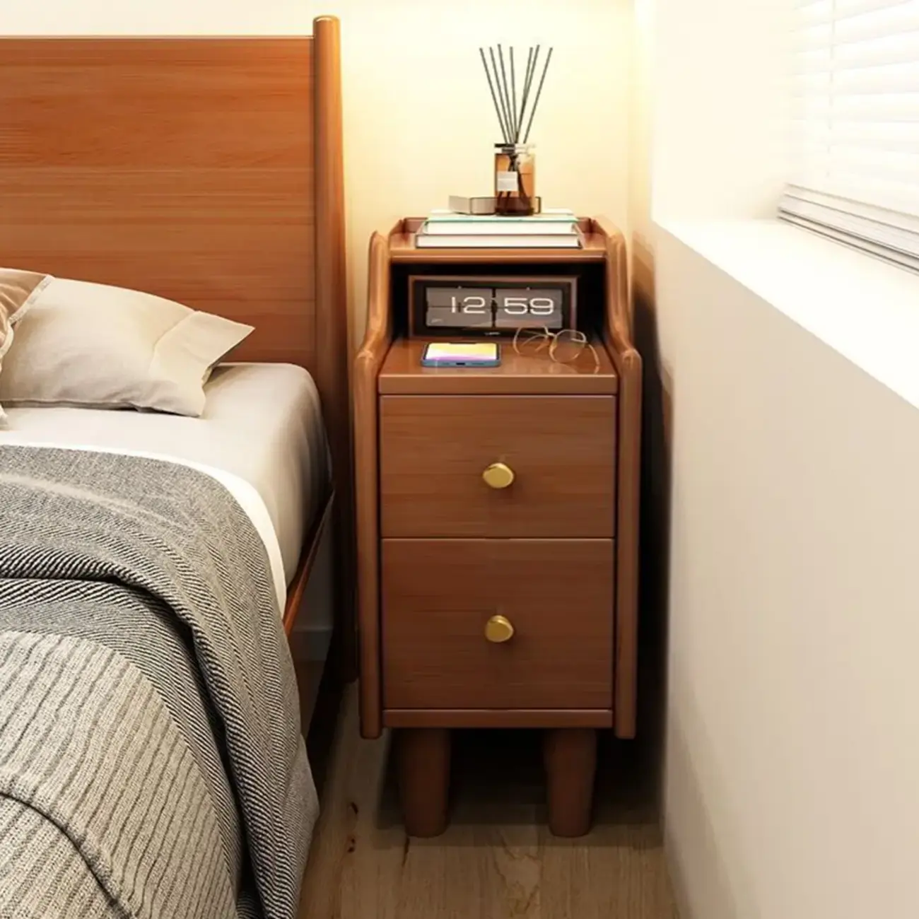 Narrow Wood 2 Drawers Nightstand in Natural Finish Image - 16 | homeyfad