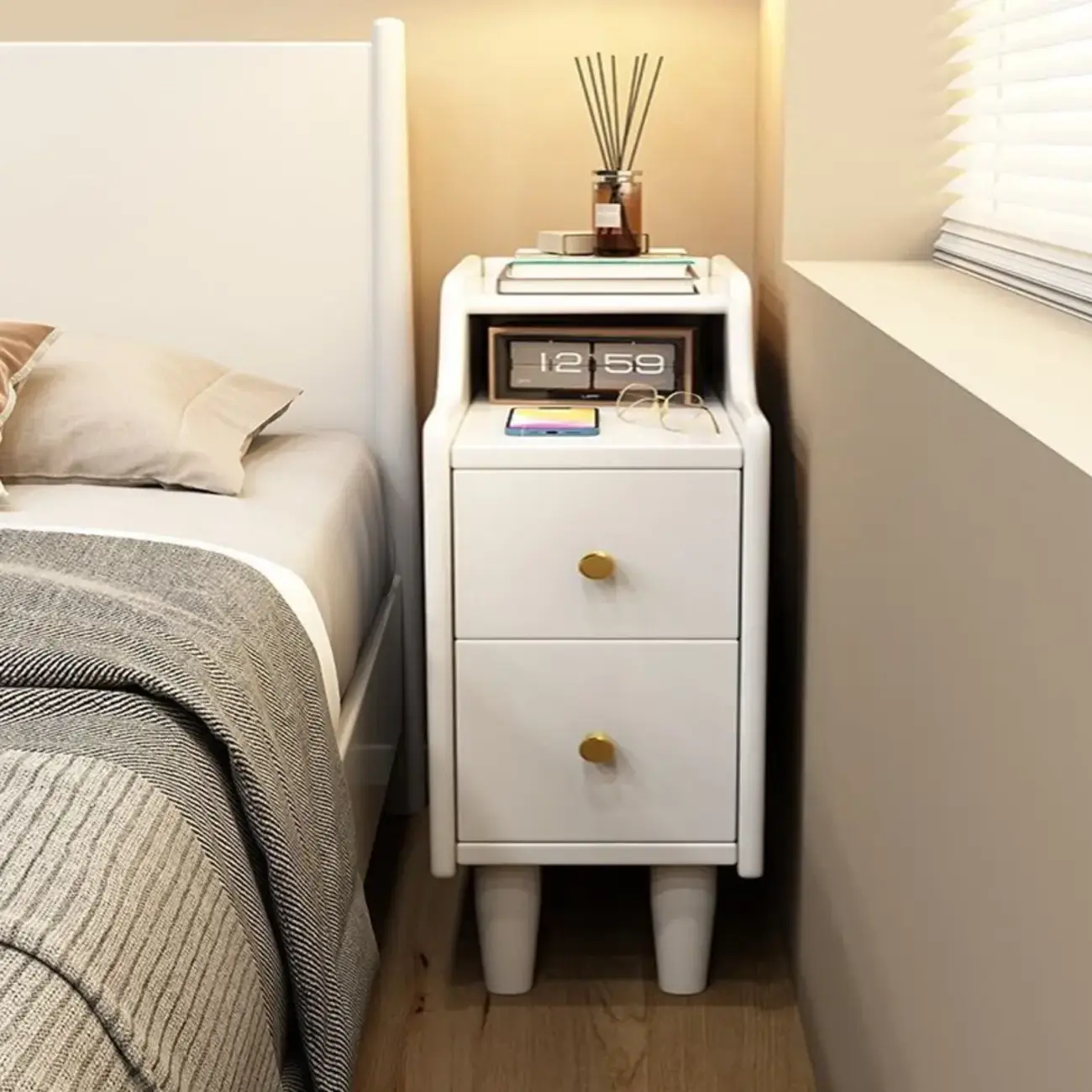 Narrow Wood 2 Drawers Nightstand in Natural Finish Image - 18 | homeyfad