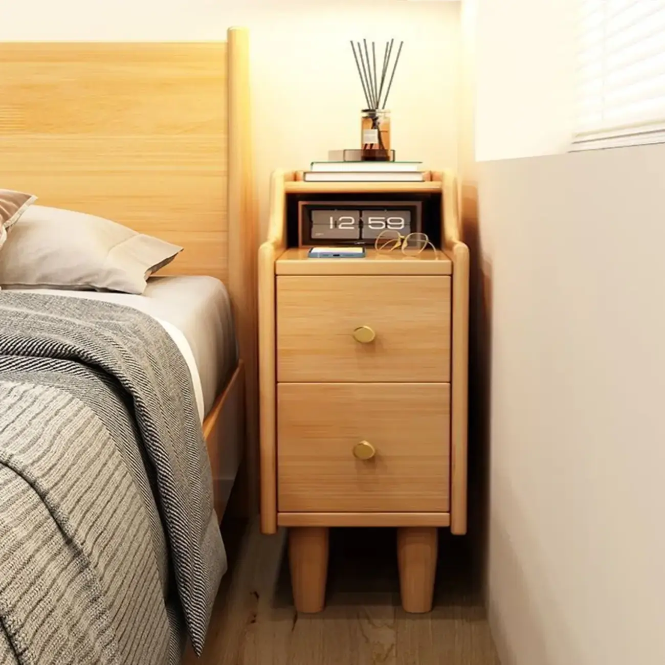 Narrow Wood 2 Drawers Nightstand in Natural Finish Image - 17 | homeyfad