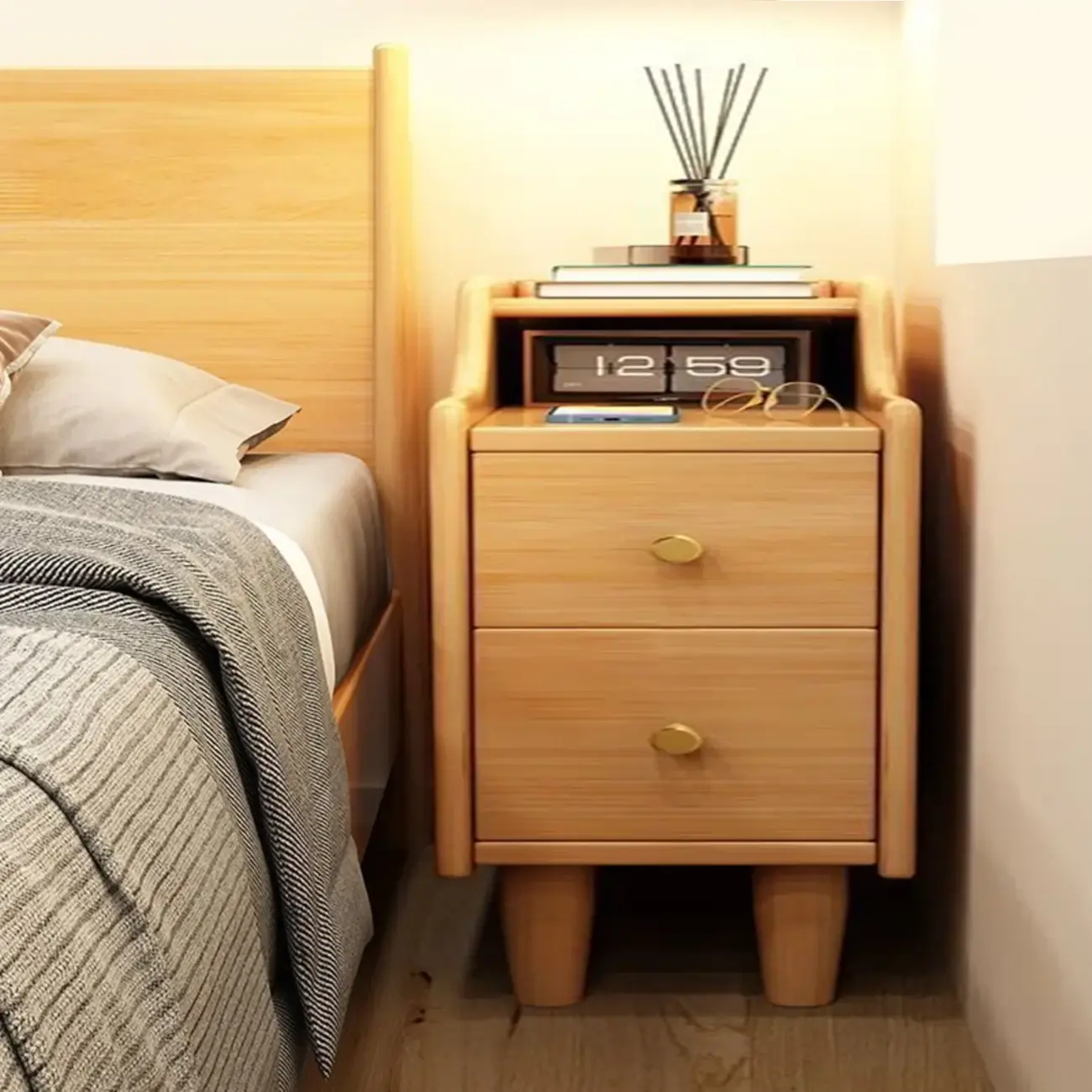 Narrow Wood 2 Drawers Nightstand in Natural Finish Image - 20 | homeyfad