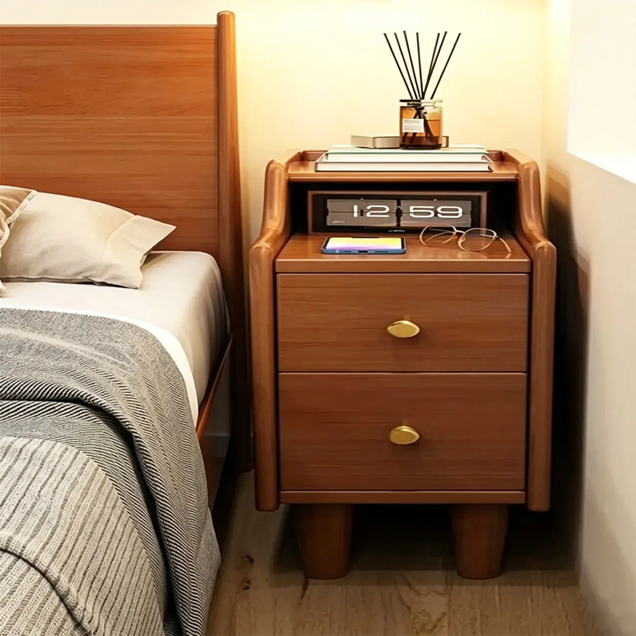Narrow Wood 2 Drawers Nightstand in Natural Finish Image - 21 | homeyfad