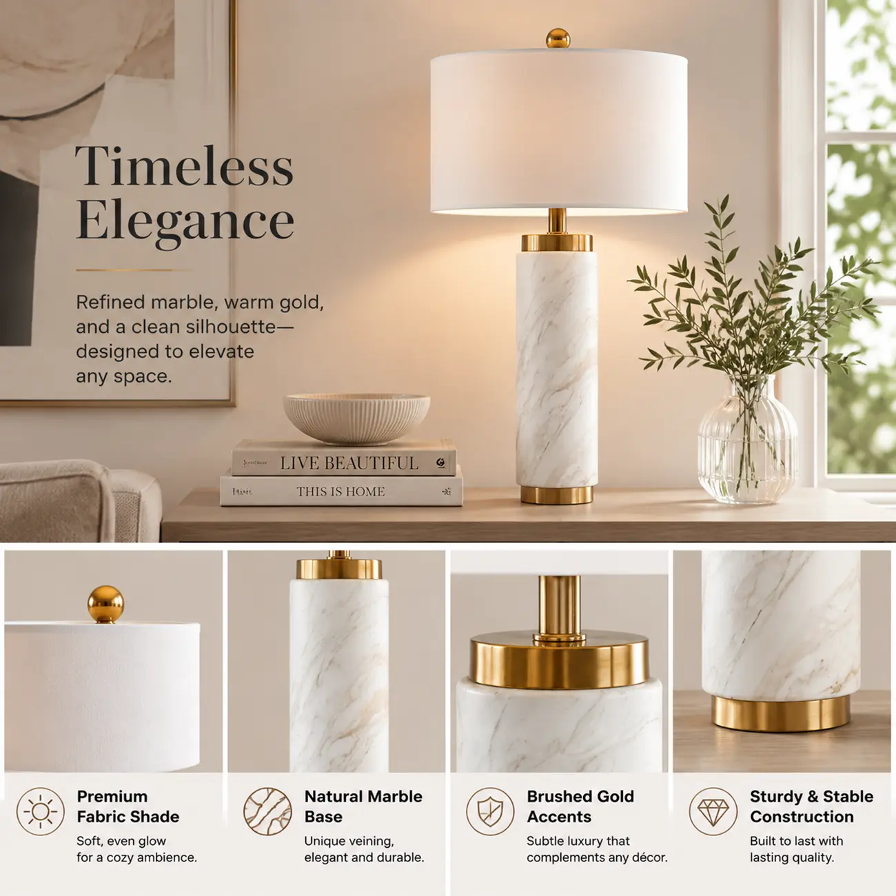 Elegant Modern Marble White Table Lamp with Gold Accents Image - 3 | homeyfad