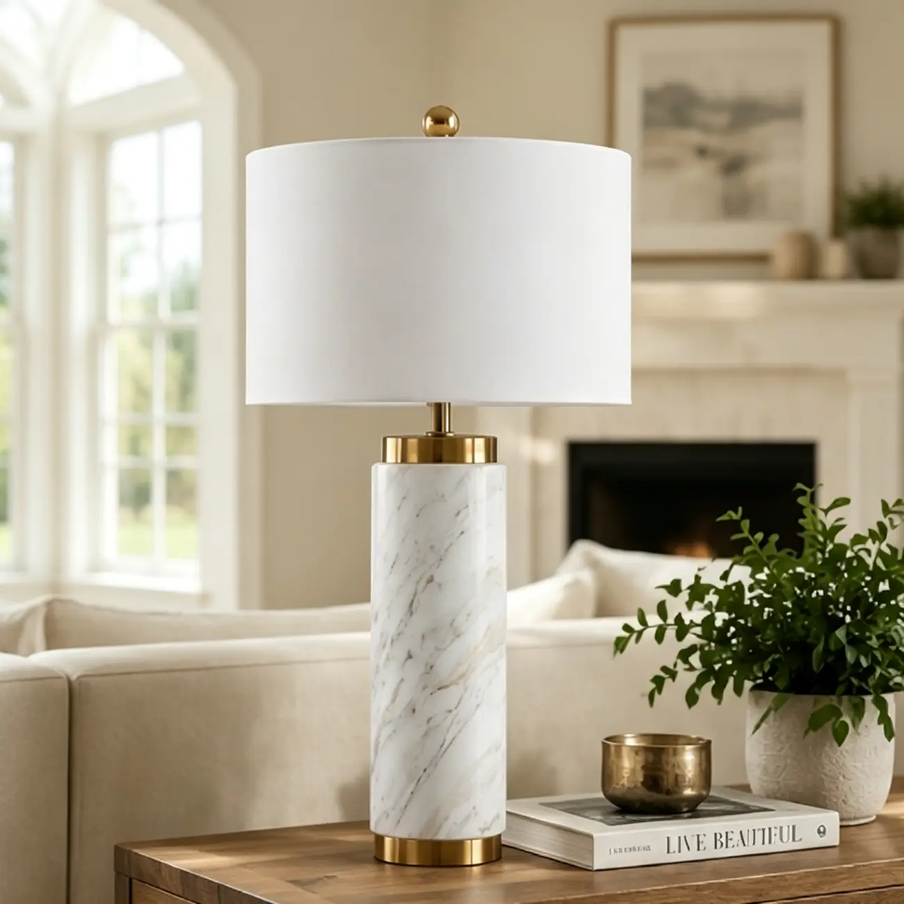 Elegant Modern Marble White Table Lamp with Gold Accents Image - 4 | homeyfad