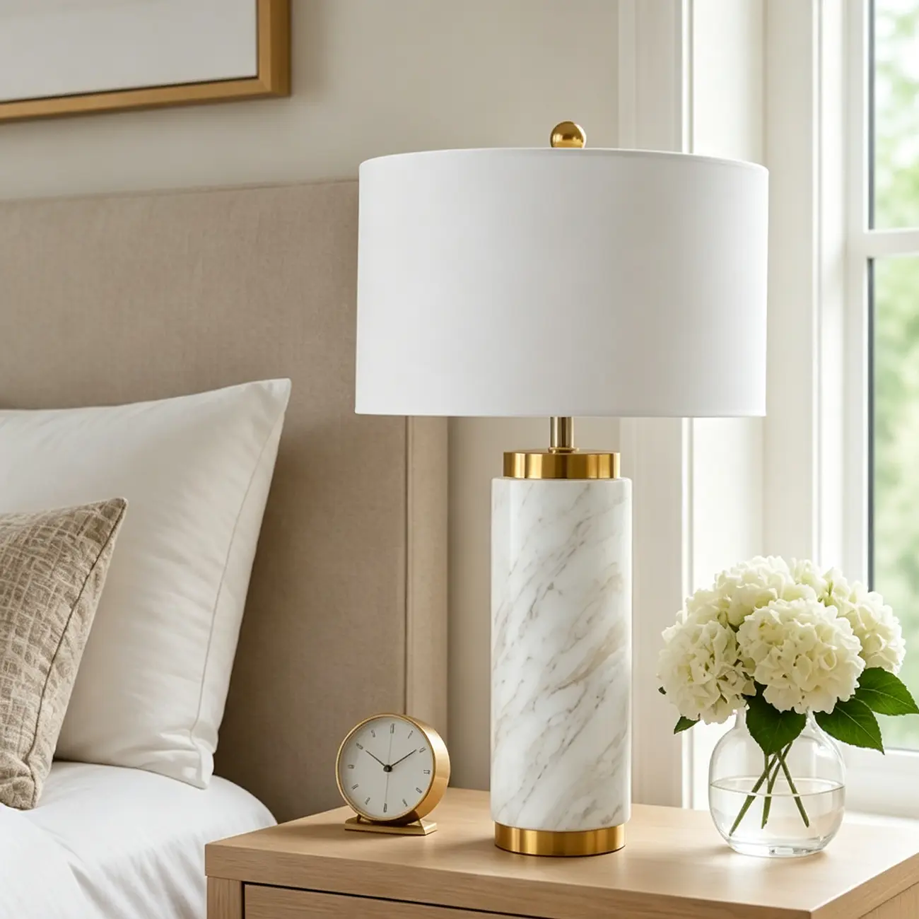 Elegant Modern Marble White Table Lamp with Gold Accents Image - 7 | homeyfad