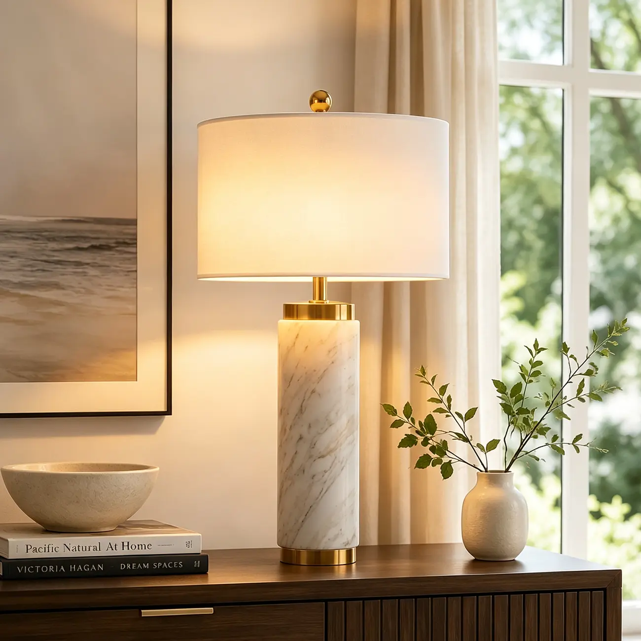 Elegant Modern Marble White Table Lamp with Gold Accents Image - 1 | homeyfad