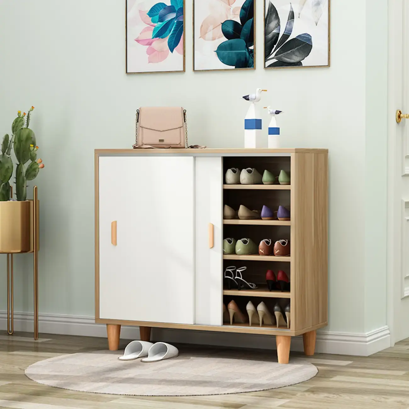 Freestanding Spacious Sliding Door 6-Tier Wood Shoe Cabinet Image - 3 | homeyfad
