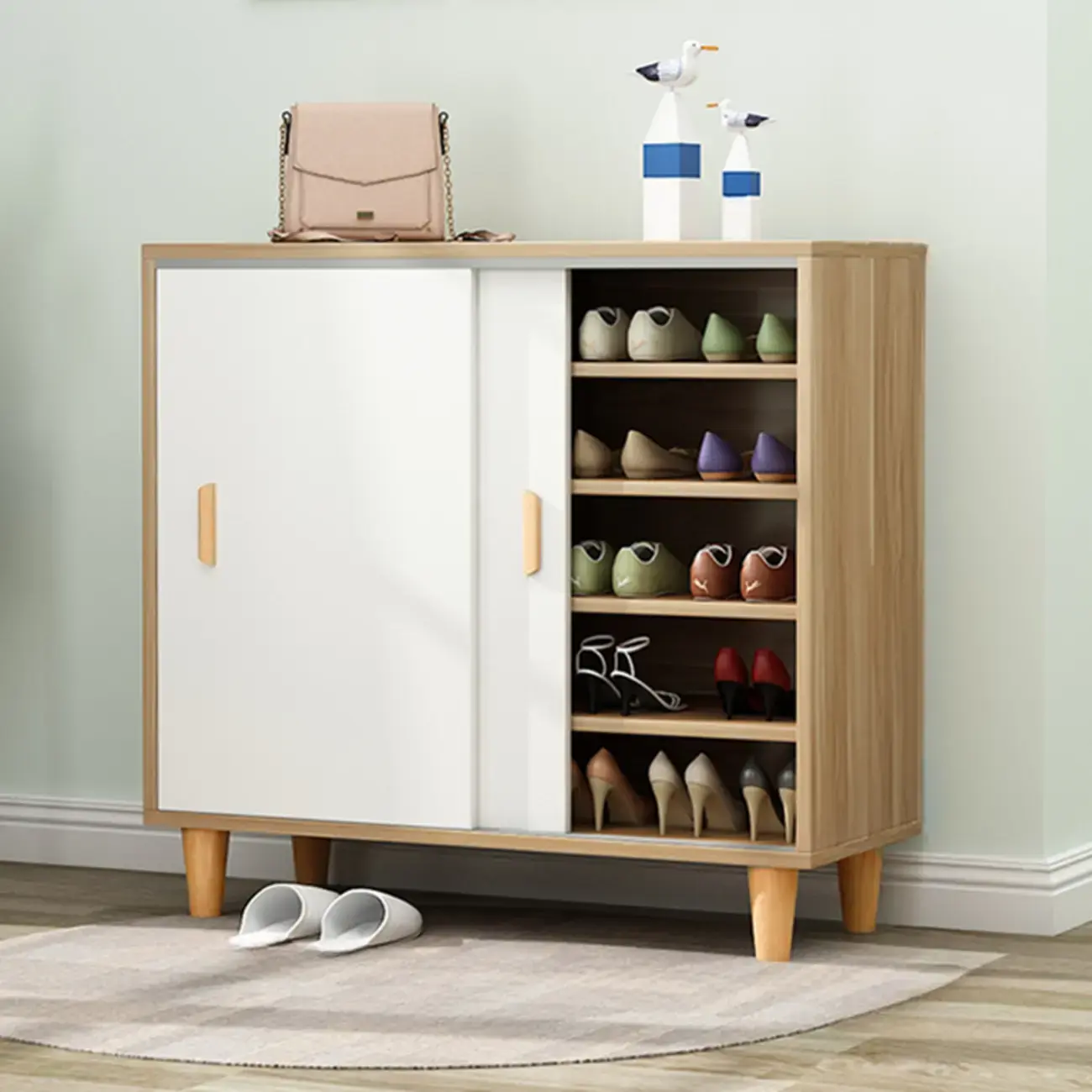 Freestanding Spacious Sliding Door 6-Tier Wood Shoe Cabinet Image - 2 | homeyfad