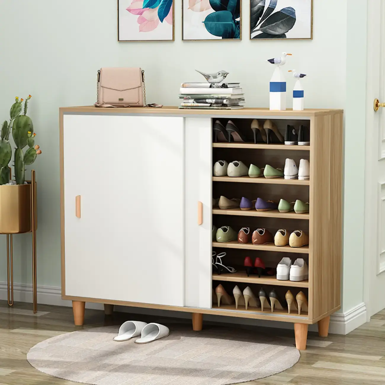 Freestanding Spacious Sliding Door 6-Tier Wood Shoe Cabinet Image - 1 | homeyfad