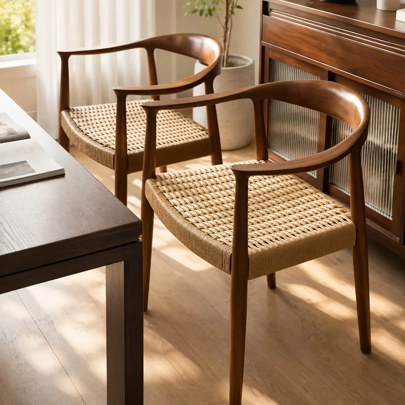 Mid Century Modern Wood Woven Seat  Dining Chair Curved Back Image - 1 | homeyfad