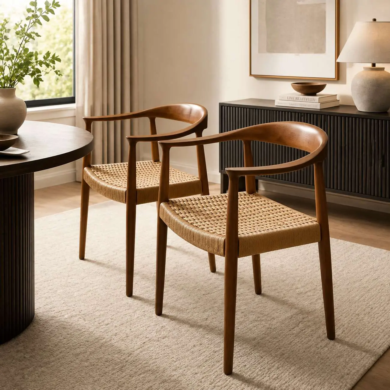 Mid Century Modern Wood Woven Seat  Dining Chair Curved Back Image - 3 | homeyfad