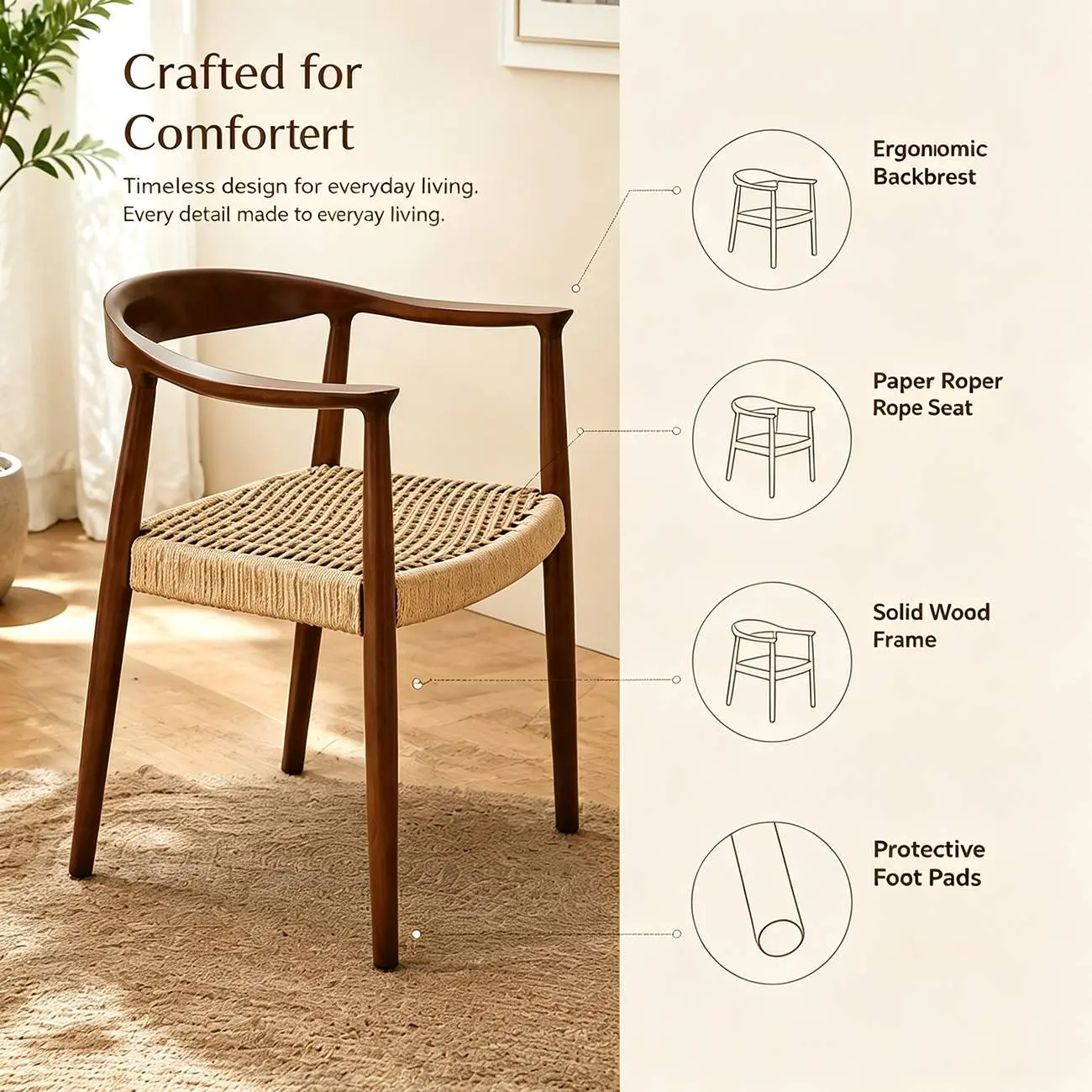 Mid Century Modern Wood Woven Seat  Dining Chair Curved Back Image - 4 | homeyfad