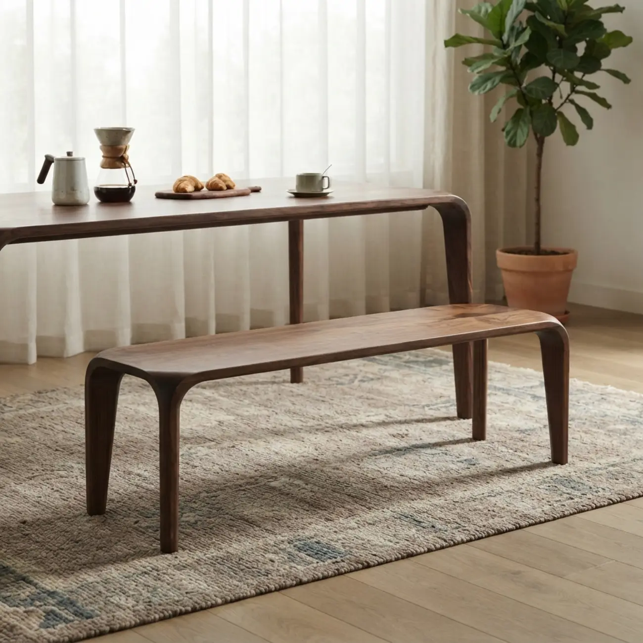 Mid-Century Modern Walnut Solid Pine Wood Dining Bench Image - 1 | homeyfad