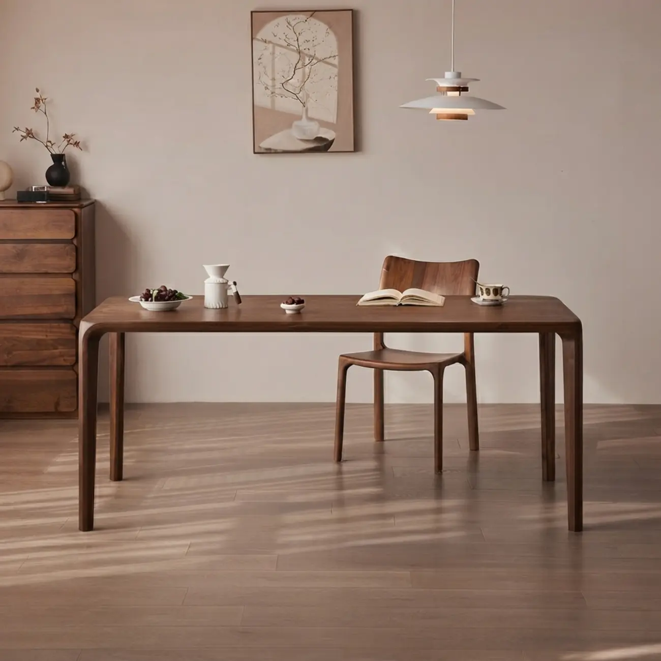 Minimalist Walnut Wood Rectangular Dining Table With Seamless Rounded Edges Image - 8 | homeyfad