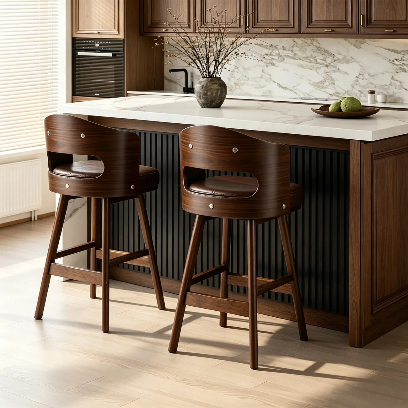 Transitional Round Upholstered Wood Bar Stools Set of 2 Image - 2 | homeyfad