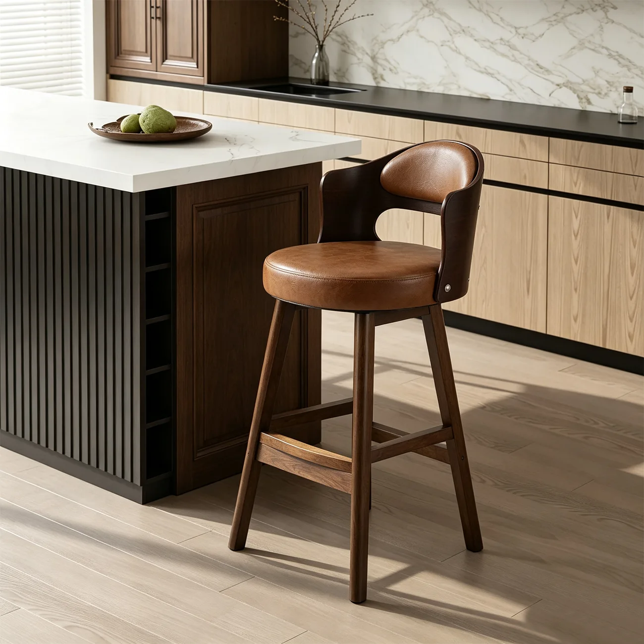 Transitional Round Upholstered Wood Bar Stools Set of 2 Image - 3 | homeyfad