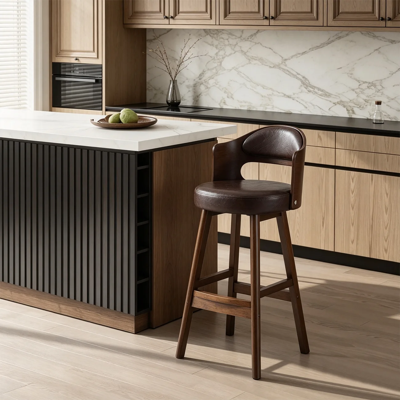 Transitional Round Upholstered Wood Bar Stools Set of 2 Image - 4 | homeyfad