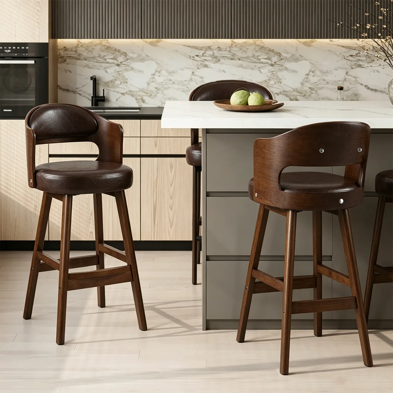 Transitional Round Upholstered Wood Bar Stools Set of 2 Image - 1 | homeyfad