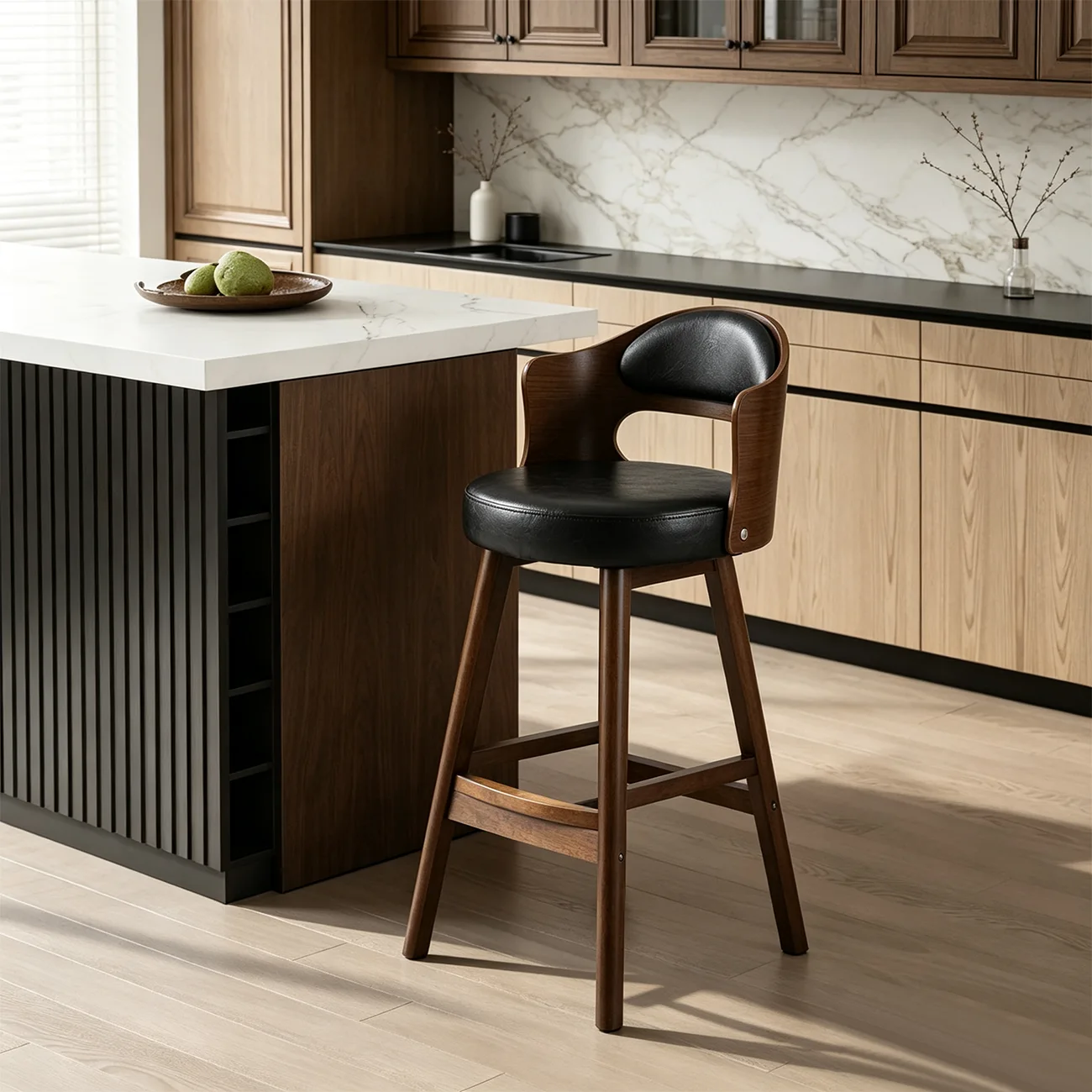Transitional Round Upholstered Wood Bar Stools Set of 2 Image - 6 | homeyfad