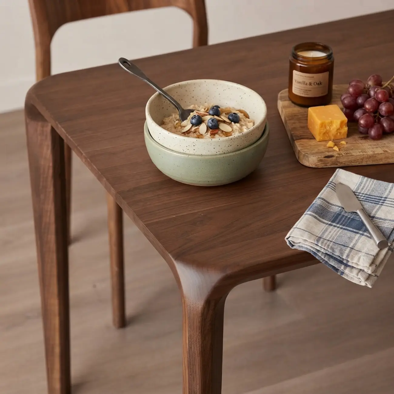 Minimalist Walnut Wood Rectangular Dining Table With Seamless Rounded Edges Image - 10 | homeyfad