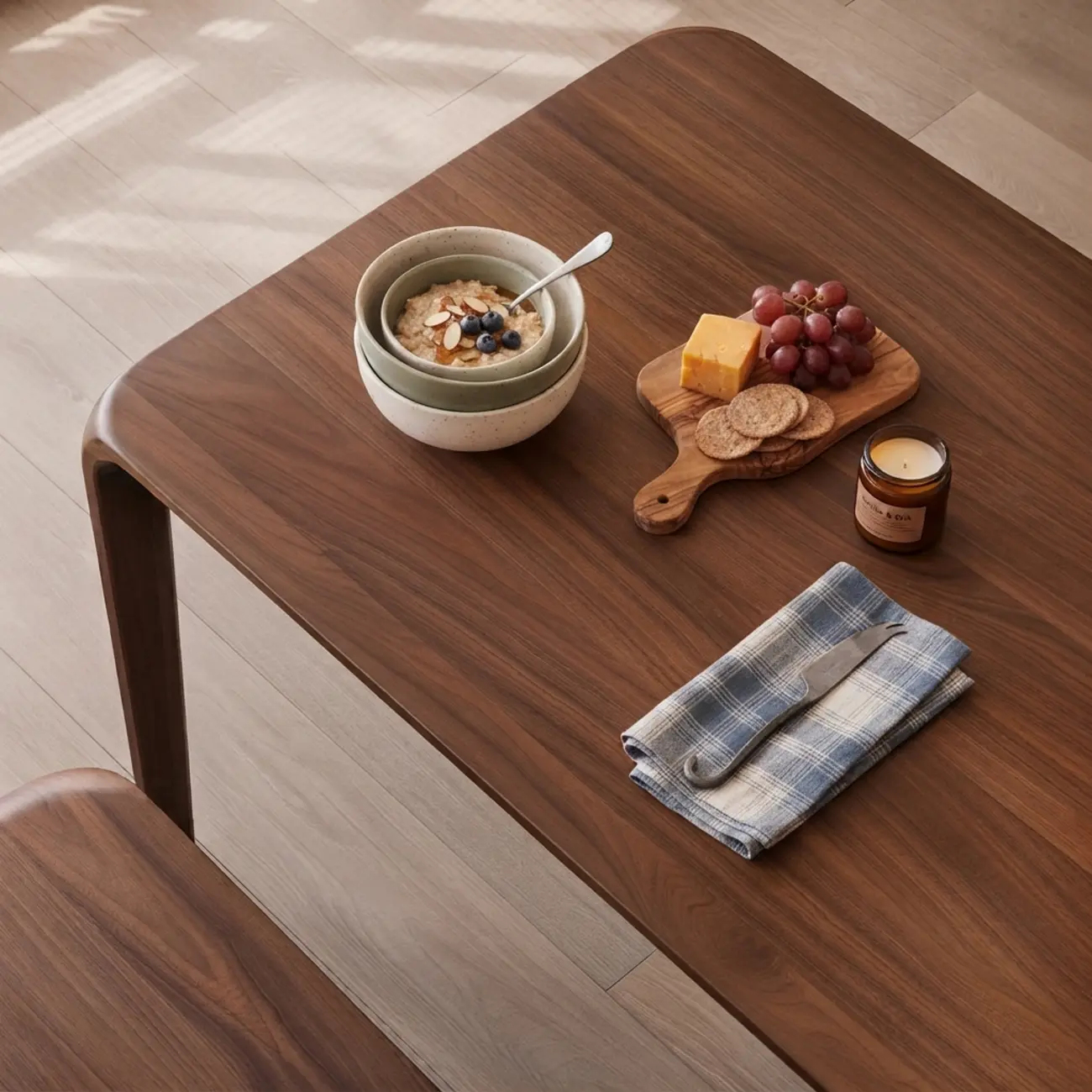 Minimalist Walnut Wood Rectangular Dining Table With Seamless Rounded Edges Image - 9 | homeyfad