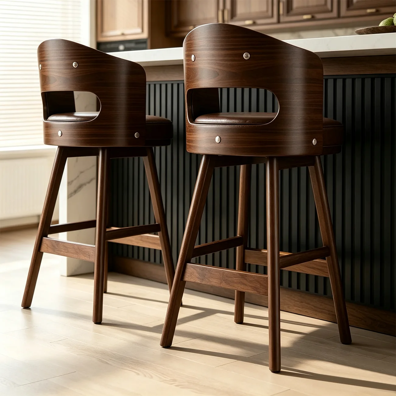 Transitional Round Upholstered Wood Bar Stools Set of 2 Image - 11 | homeyfad