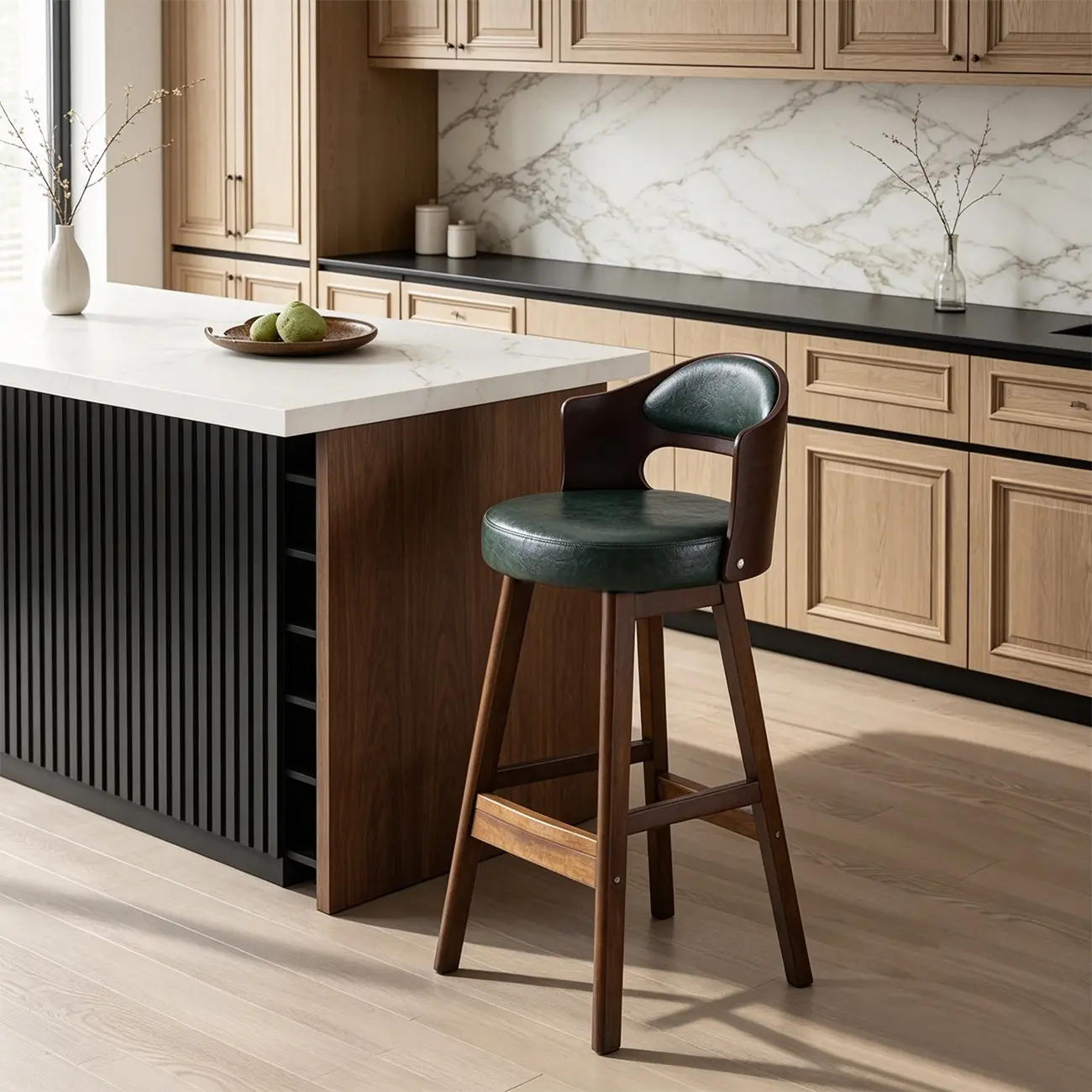 Transitional Round Upholstered Wood Bar Stools Set of 2 Image - 5 | homeyfad
