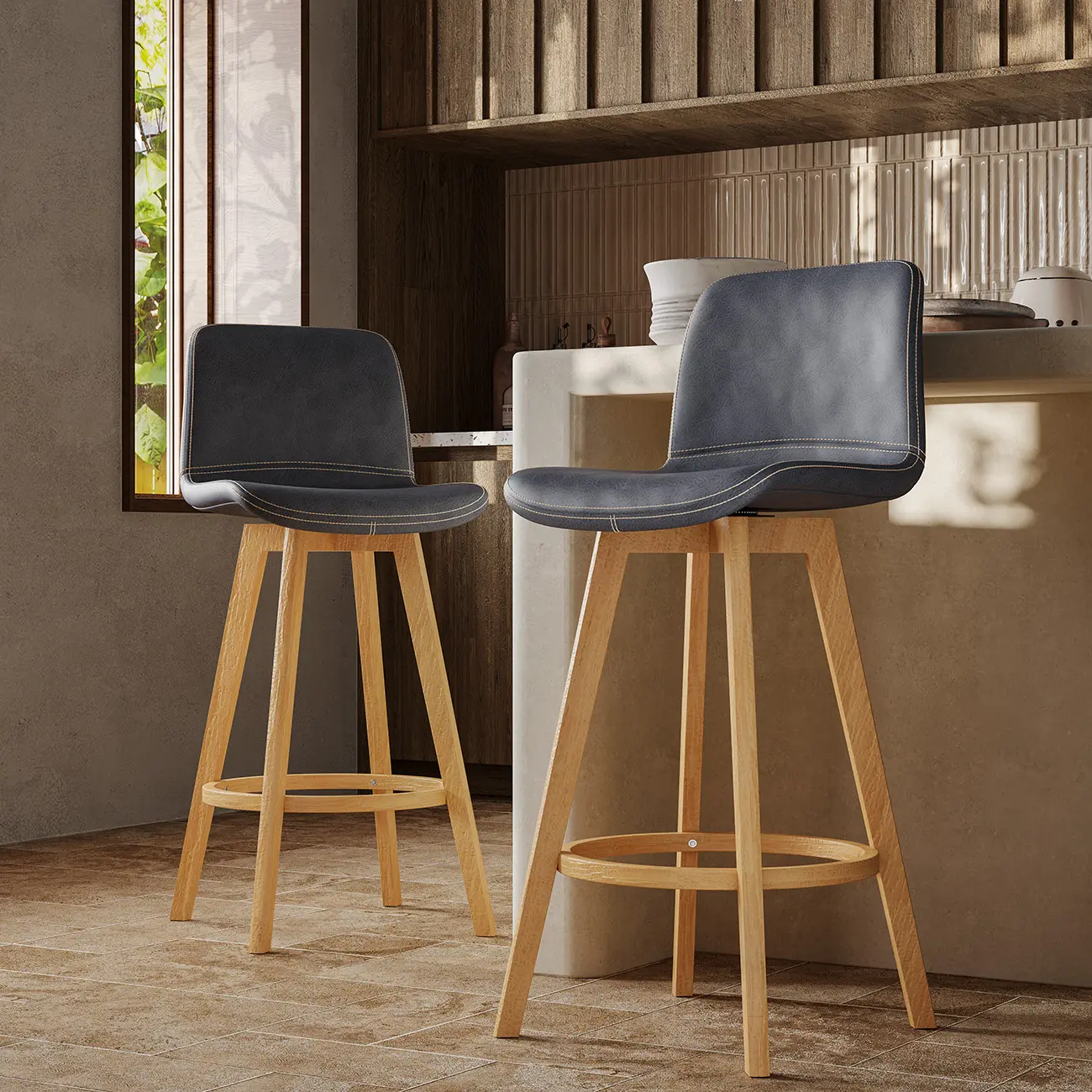 Mid-Century Distressed Leather Swivel Bar Stool with Back Image - 17 | homeyfad