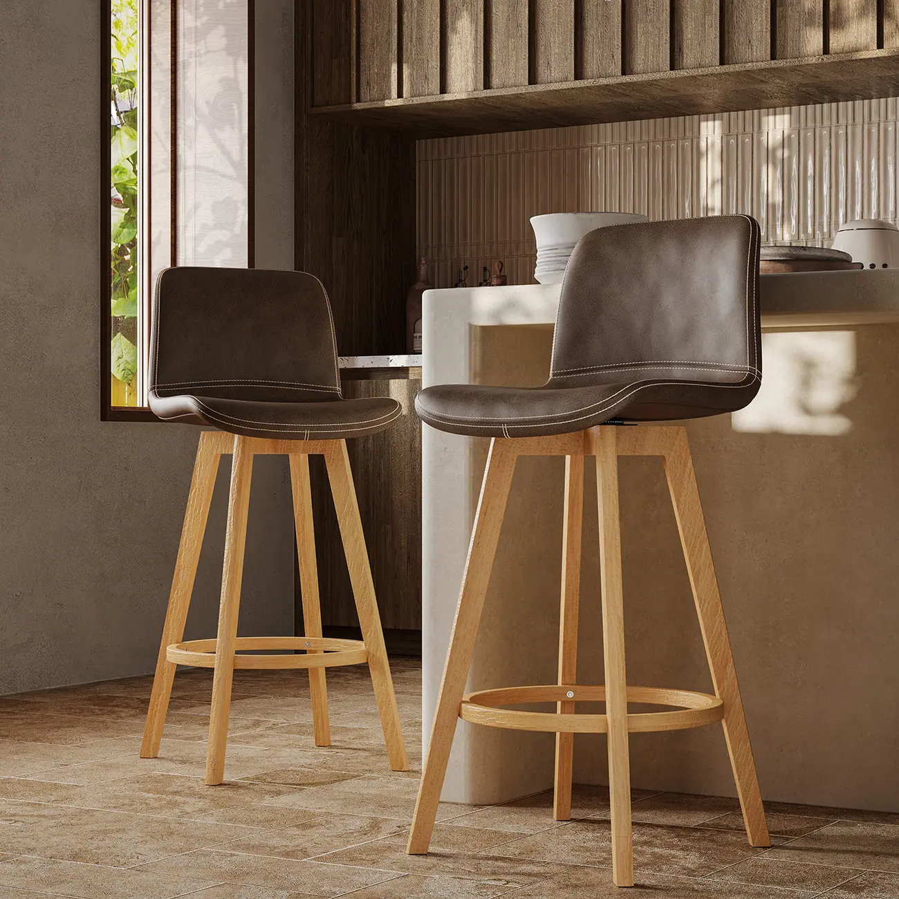 Mid-Century Distressed Leather Swivel Bar Stool with Back Image - 19 | homeyfad