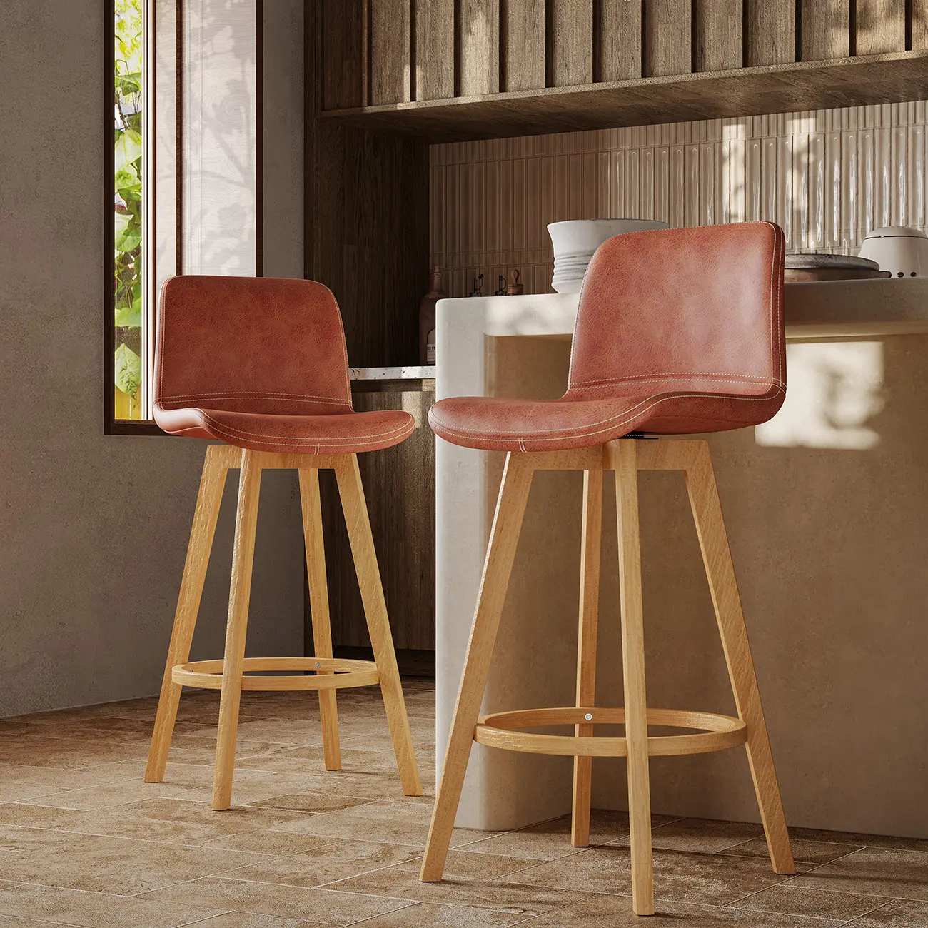 Mid-Century Distressed Leather Swivel Bar Stool with Back Image - 21 | homeyfad