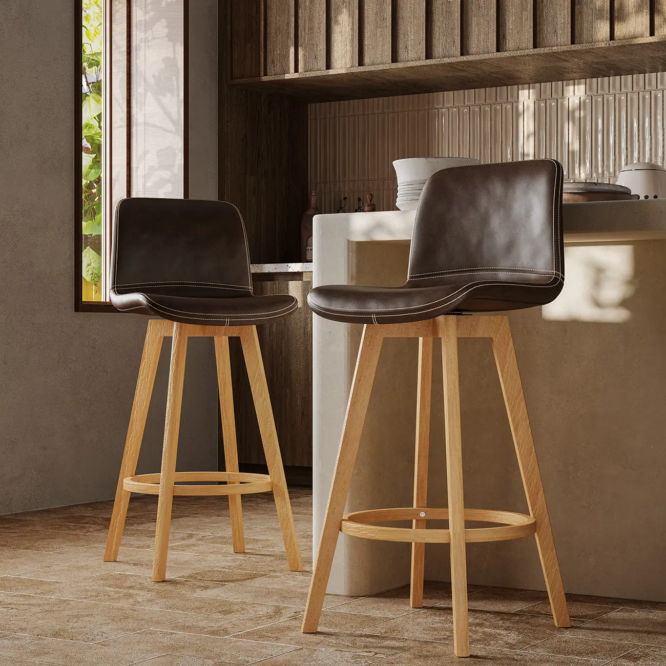 Mid-Century Distressed Leather Swivel Bar Stool with Back Image - 22 | homeyfad