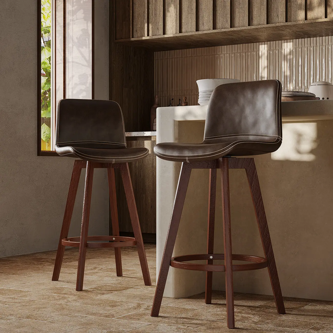 Mid-Century Distressed Leather Swivel Bar Stool with Back Image - 28 | homeyfad