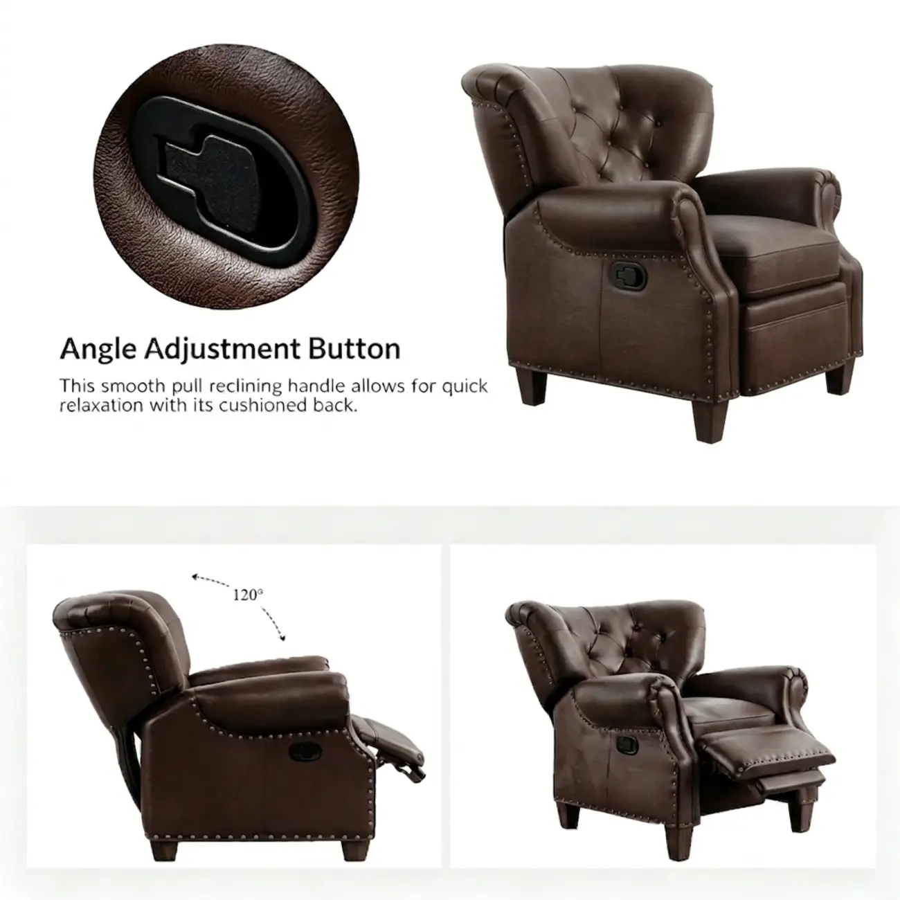 Classic Wide Brown Top-Grain Leather Tufted Manual Recliner Chair Image - 6 | homeyfad