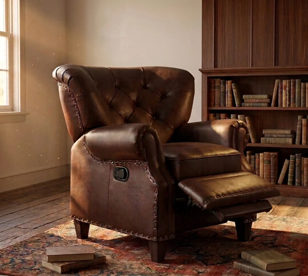 Classic Wide Brown Top-Grain Leather Tufted Manual Recliner Chair Image - 5 | homeyfad