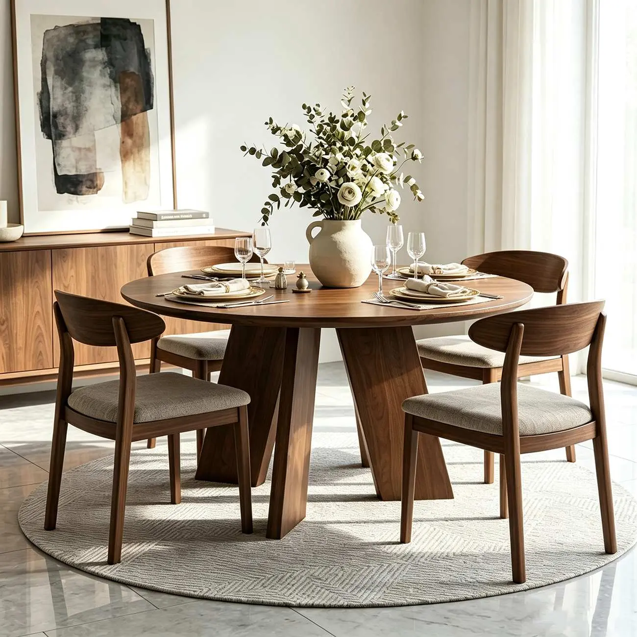 53" Modern Solid Wood Round Dining Table Three-leg Base Image - 7 | homeyfad