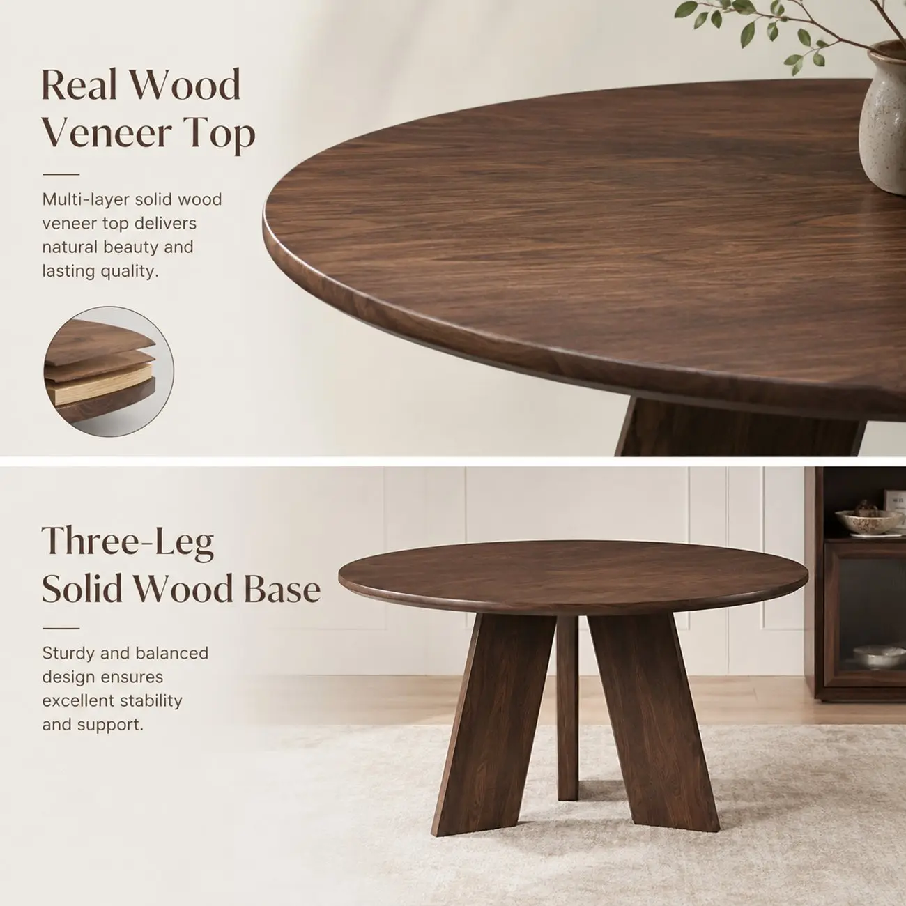 53" Modern Solid Wood Round Dining Table Three-leg Base Image - 4 | homeyfad