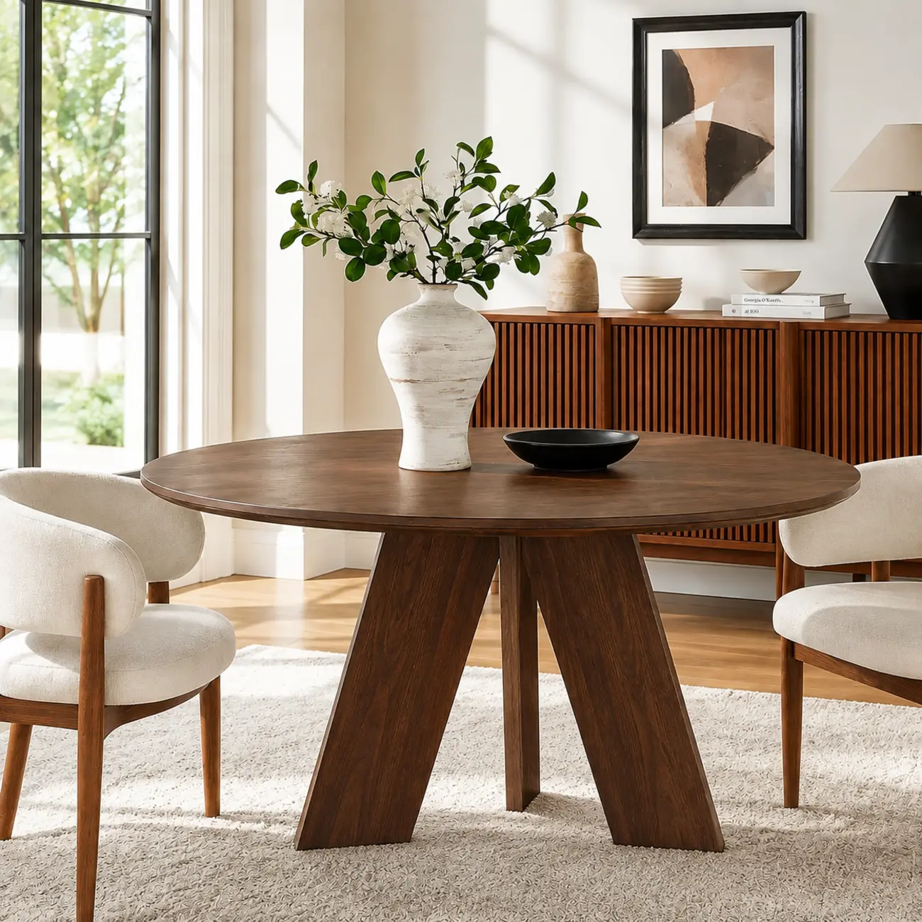 53" Modern Solid Wood Round Dining Table Three-leg Base Image - 1 | homeyfad