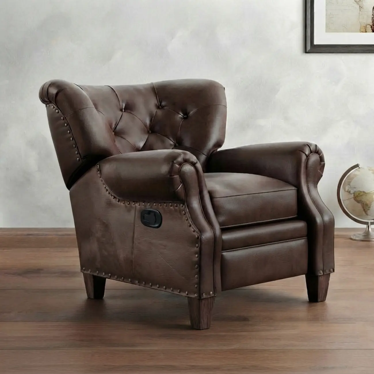 Classic Wide Brown Top-Grain Leather Tufted Manual Recliner Chair Image - 16 | homeyfad