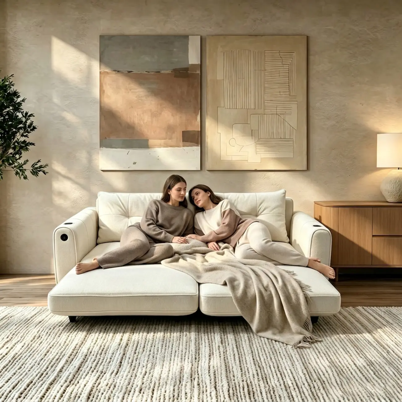 Beige Convertible Upholstered Sofa Bed With Adjustable Chaise Image - 2 | homeyfad