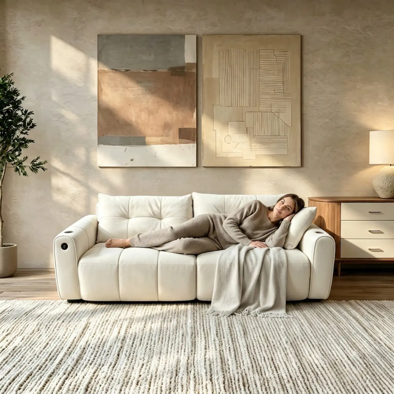 Beige Convertible Upholstered Sofa Bed With Adjustable Chaise Image - 4 | homeyfad