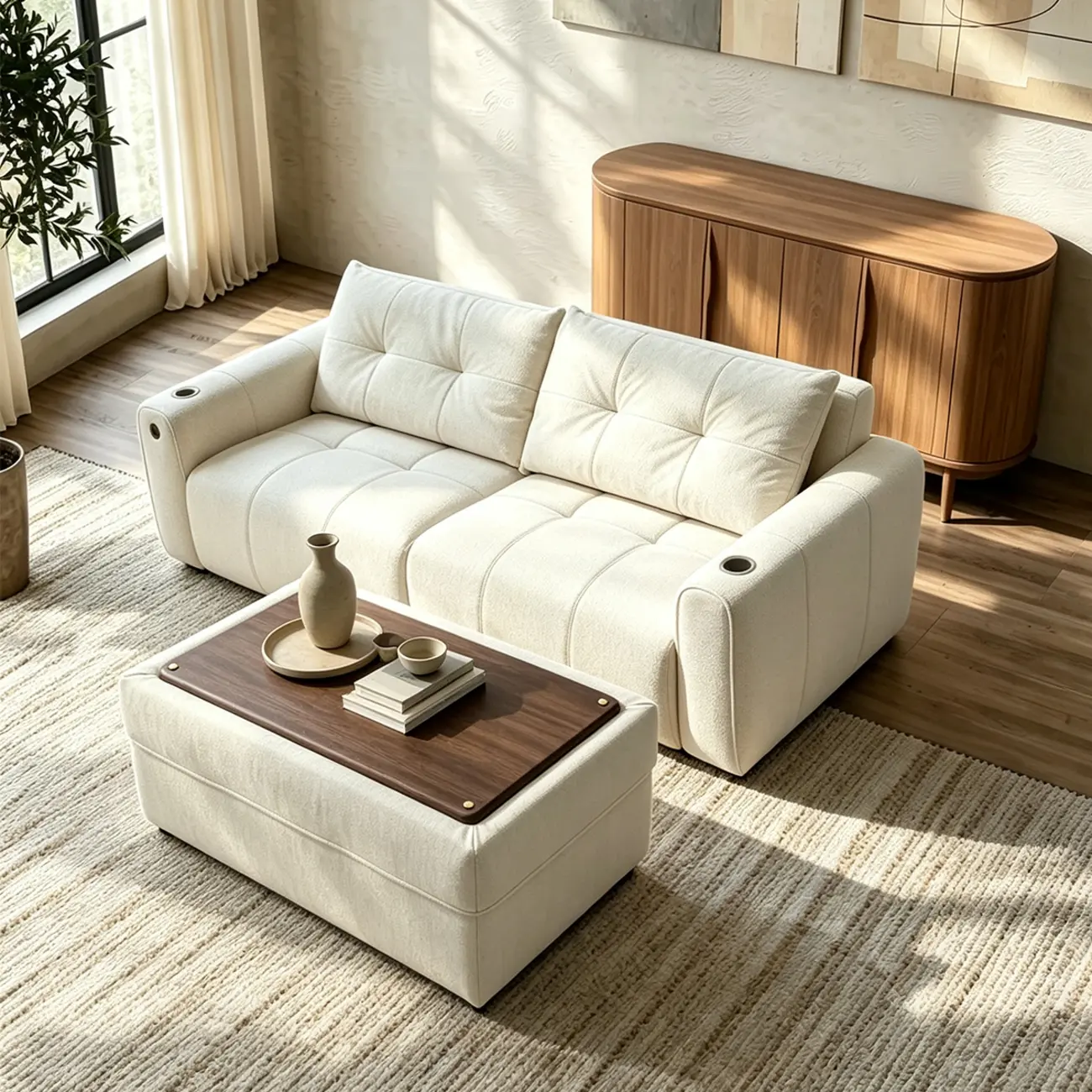 Beige Convertible Upholstered Sofa Bed With Adjustable Chaise Image - 8 | homeyfad