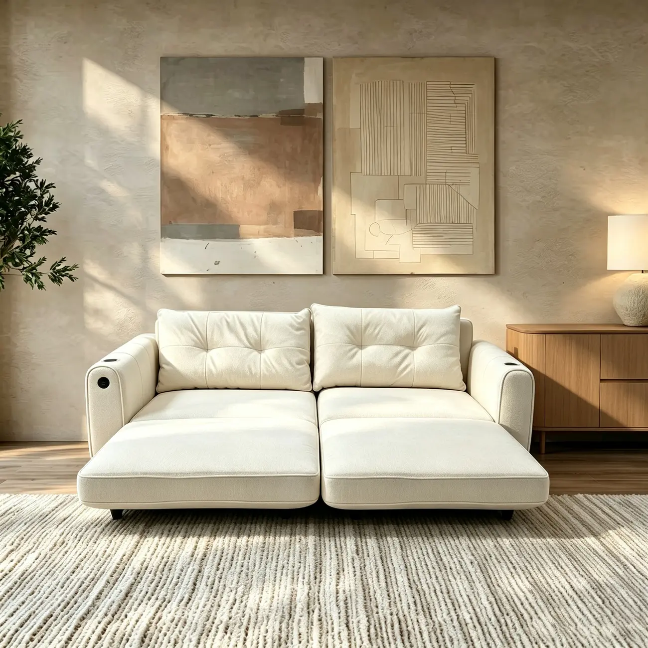 Beige Convertible Upholstered Sofa Bed With Adjustable Chaise Image - 7 | homeyfad