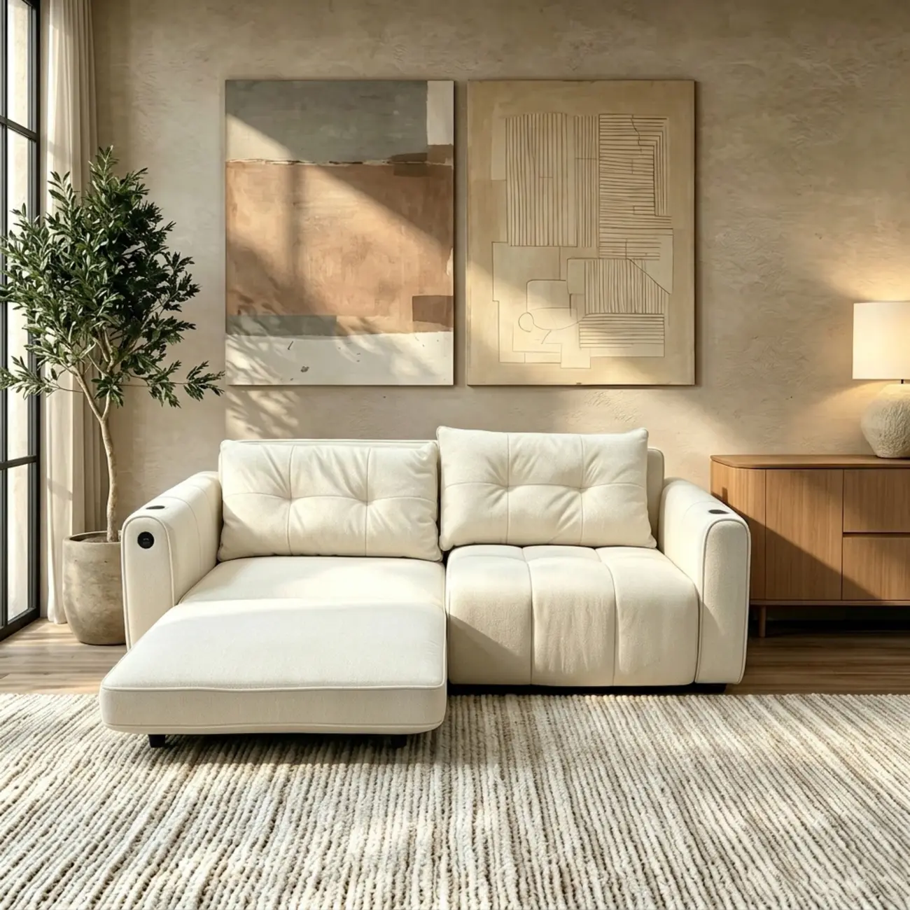 Beige Convertible Upholstered Sofa Bed With Adjustable Chaise Image - 9 | homeyfad