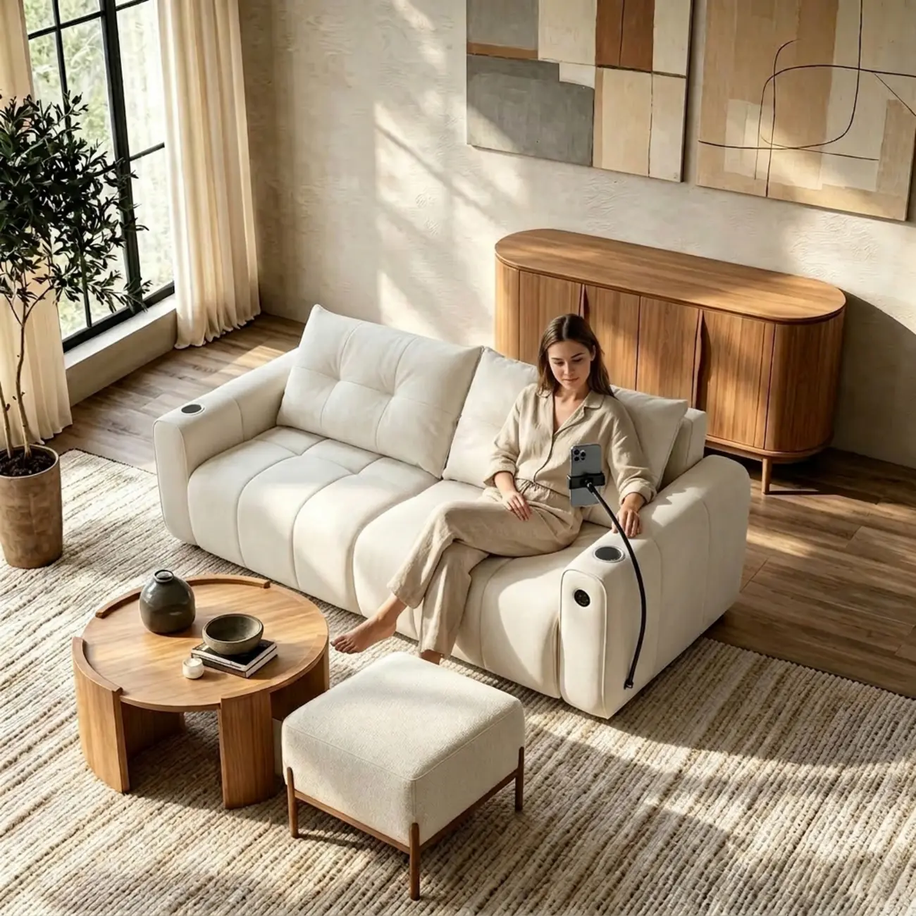Beige Convertible Upholstered Sofa Bed With Adjustable Chaise Image - 1 | homeyfad