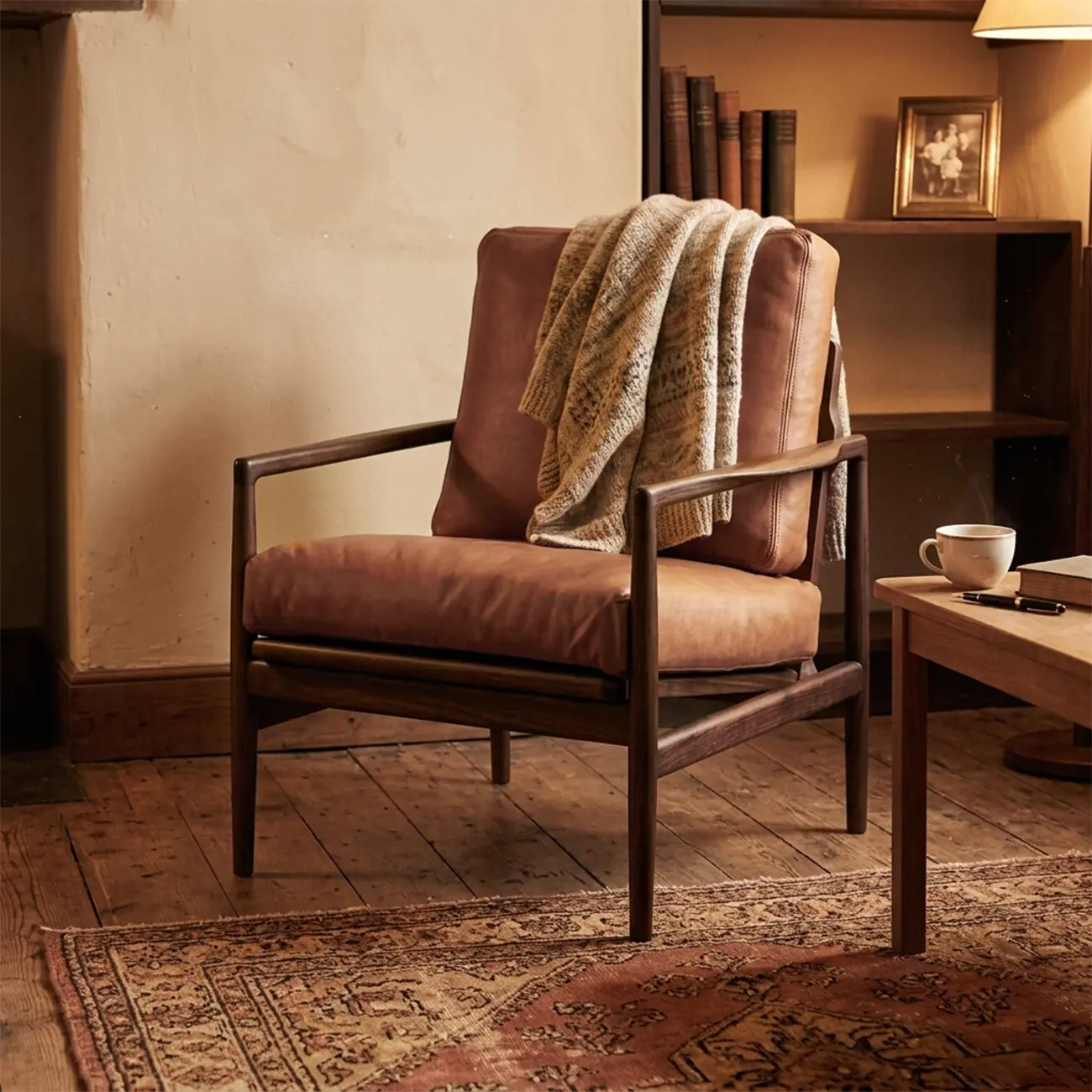 Leather Armchair with Wooden Armrest for Living Room Image - 2 | homeyfad