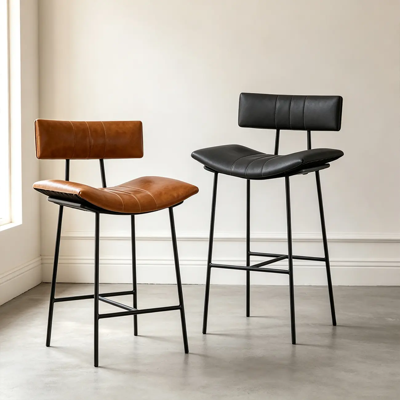 Mid-century Modern Curved Faux Leather Counter Stool With Backrest Image - 2 | homeyfad