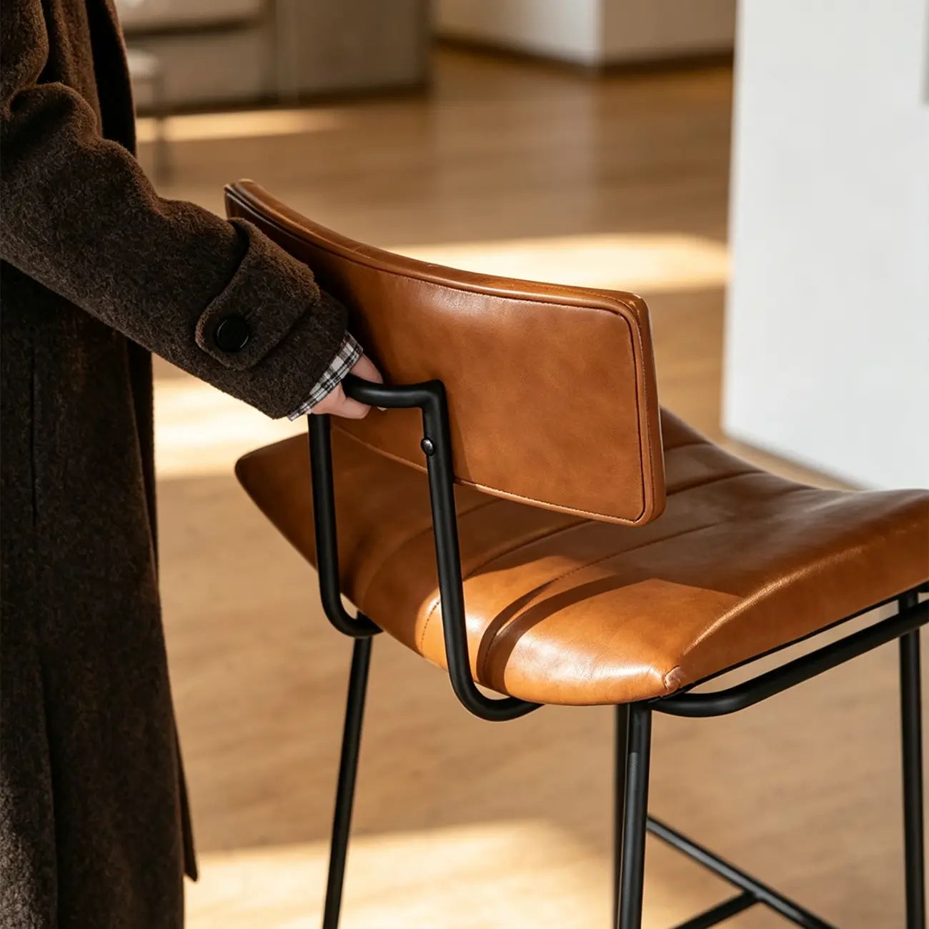 Mid-century Modern Curved Faux Leather Counter Stool With Backrest Image - 5 | homeyfad