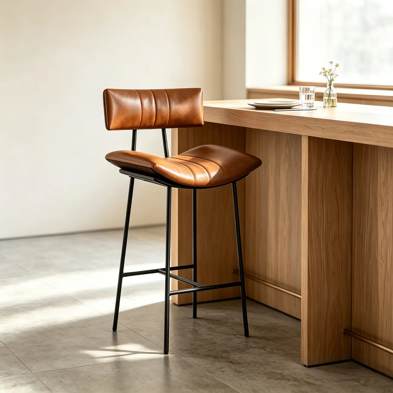 Mid-century Modern Curved Faux Leather Counter Stool With Backrest Image - 14 | homeyfad