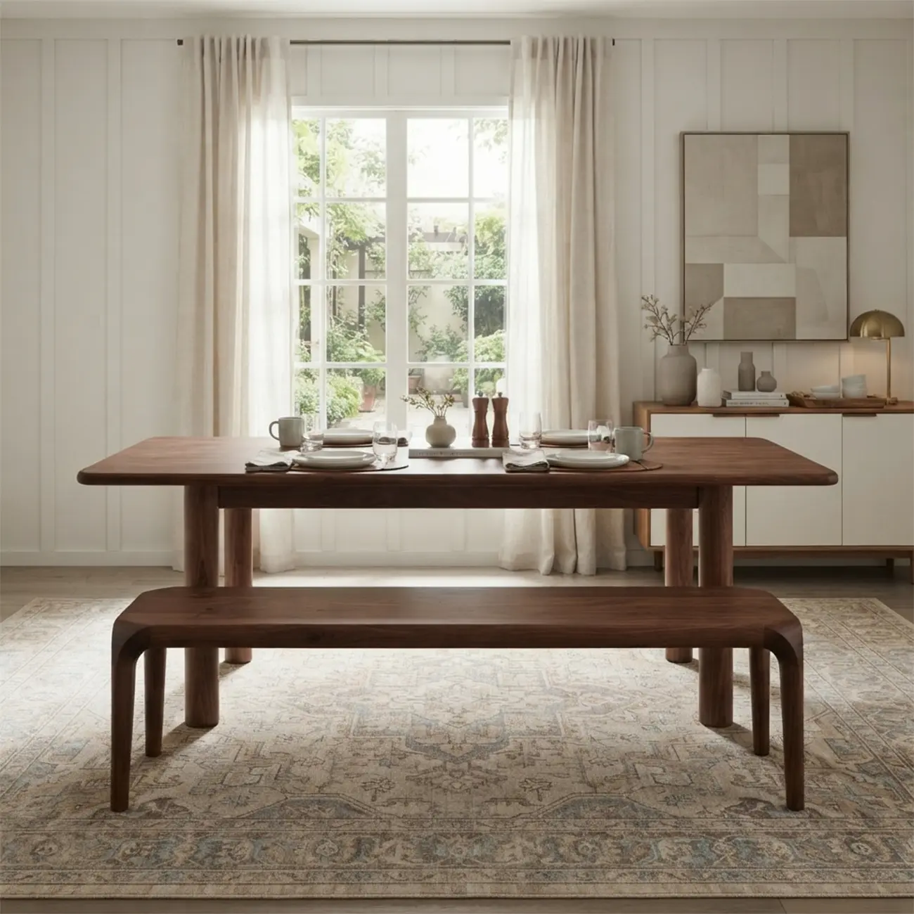 Mid-Century Modern Walnut Solid Pine Wood Dining Bench Image - 5 | homeyfad