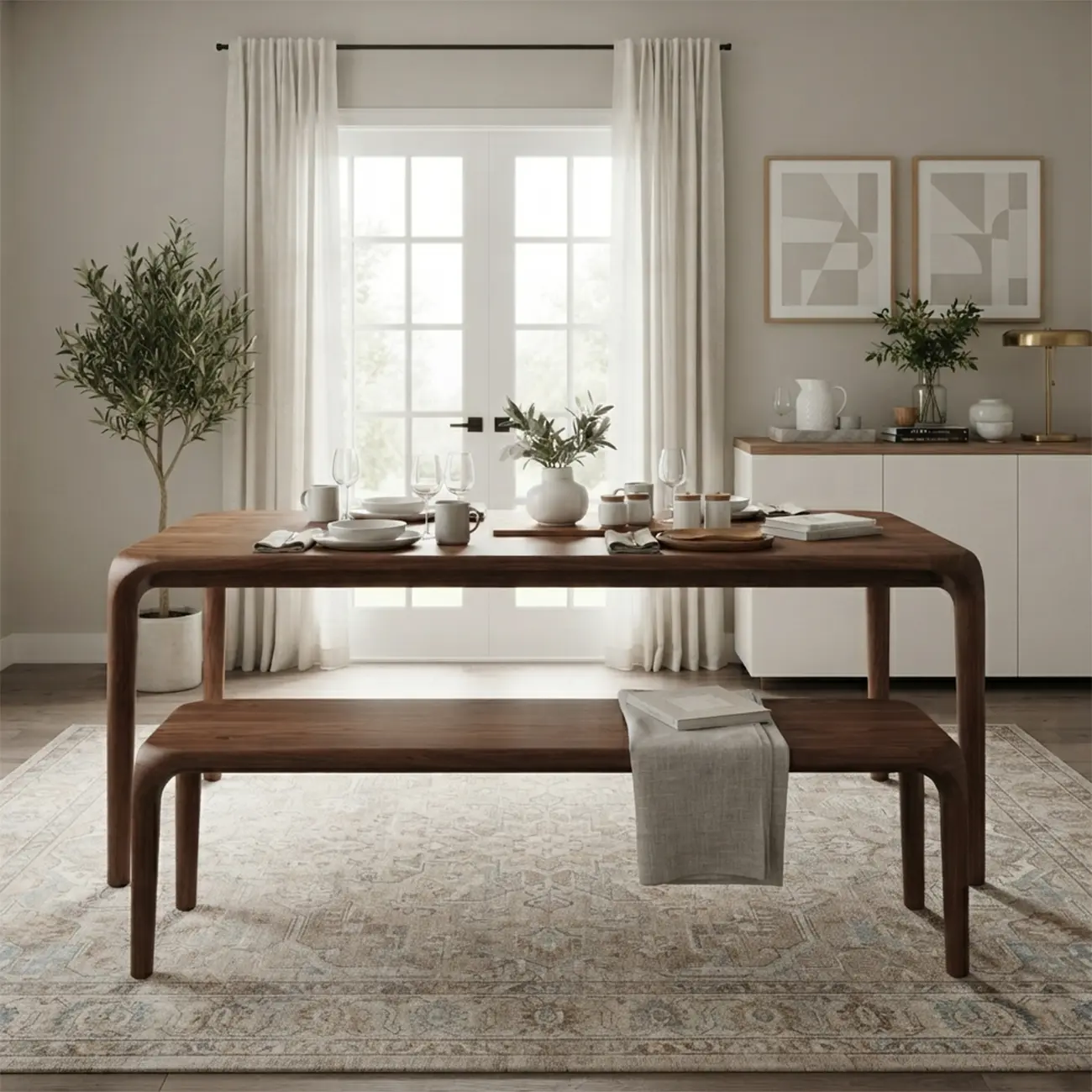 Mid-Century Modern Walnut Solid Pine Wood Dining Bench Image - 4 | homeyfad
